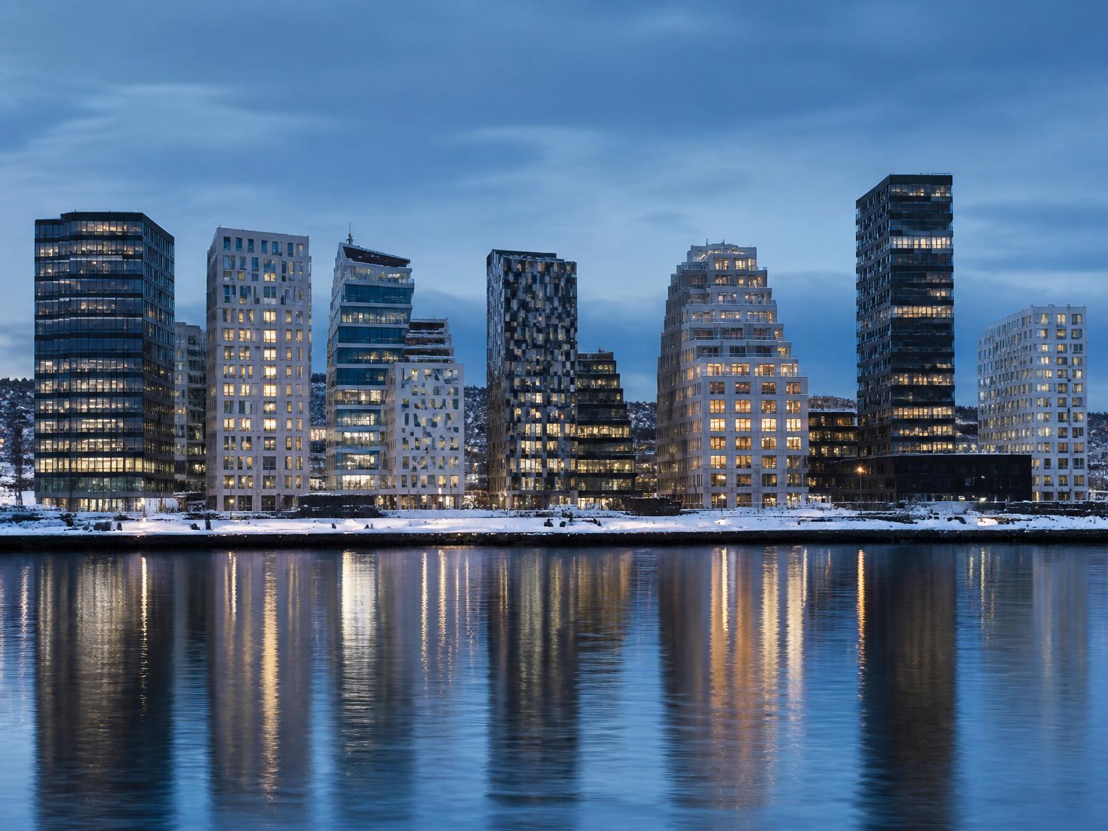 Oslo waterfront skyline at dusk
